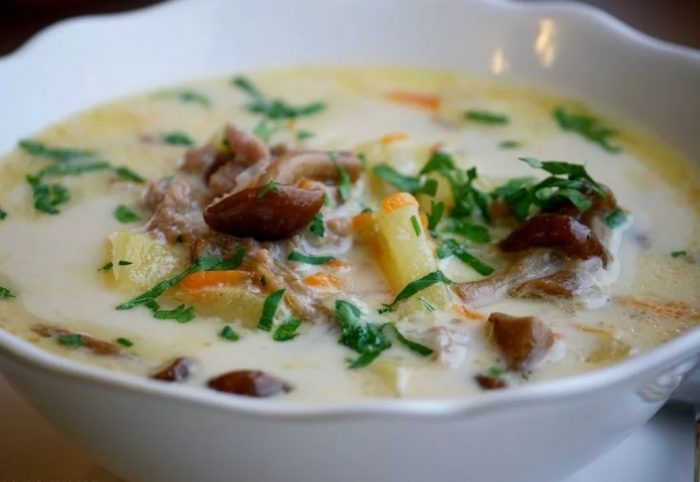 Sopas na keso na may mga kabute ng pulot